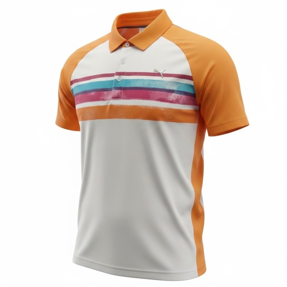 Puma Golf Mens Orange White Striped CELL Performance Polo Shirt 562592 Size L